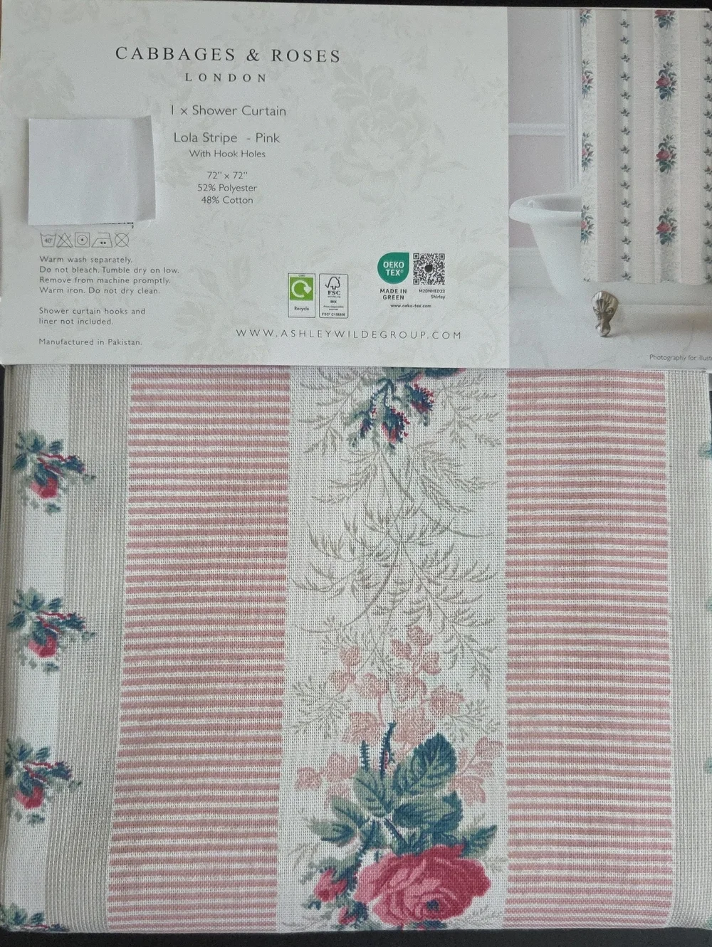 Cabbages & Roses London Fabric shower curtain LOLA STRIPE pink Roses